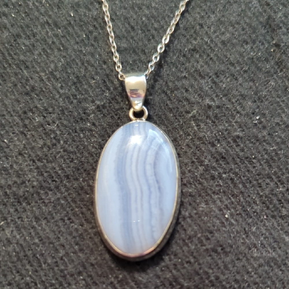 Silver Plated Pastel Blue Lace Agate Gemstone Oval Pendant Statement Necklace